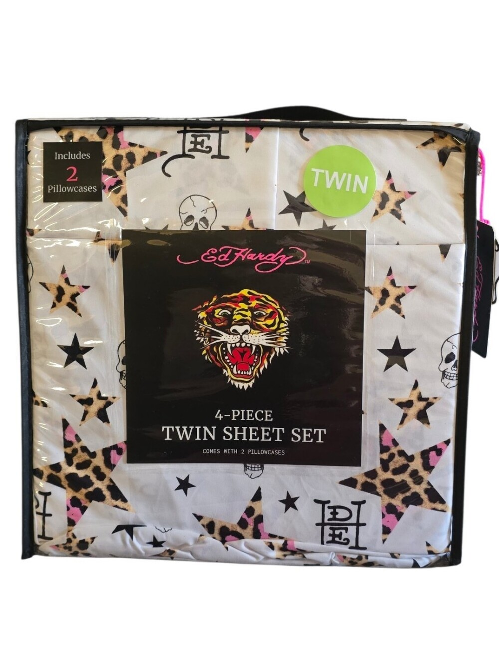 Ed Hardy 4 Piece Twin Sheet Set. Cheetah Print Stars and Skulls